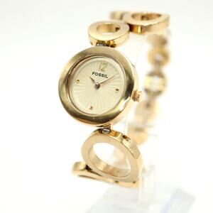 Fossil Gold Tone 25mm Textured Dial Watch Circle Link Bracelet with New Battery